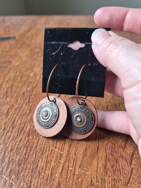 Copper-Tone & Wood Disc Hoop Earrings